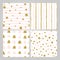 Set of 4 hand drawn seamless patterns in gold, pastel pink. Stripes, polka dots, triangles, round brush stroke patterns