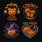 Set of 4 labels with pumpkins like human characters, sweets, candy, bones, bat, witch hat, text