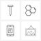 Set of 4 Line Icon Signs and Symbols of construction, cell, tool, molecule, box