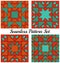 Set of 4 modern geometric seamless patterns with triangles and squares of orange, red, teal and cyan shades