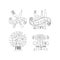 Set of 4 monochrome catering service emblems. Hand drawn vector logos with food, wine bottle and glass, forks and knives