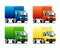 Set of 4 vector small trucks of different colors. Cargo delivery. Lorry set in flat cartoon style. Image for children, for