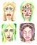 Set of 4 watercolor woman faces for your design. Collection of different portraits, stylized icons of women.