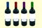 A set of 4 wine bottles with different colored corks. Still life shot for mockup