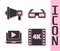 Set 4k movie, tape, frame, Megaphone, Online play video and 3D cinema glasses icon. Vector