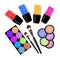 Set of 5 eyeshadows, brushes and nailpolishes isolated