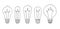 Set of 5 lineart bulbs on white. Creative element design. Hand drawn illustration.