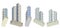 Set of 5 renders of fictional design abstract buildings with two towers with sky reflection - isolated on white, bottom view 3d