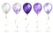 Set of 5 shiny purple realistic 3D helium balloons for your design. Glossy balloons with glitter and gold ribbon, perfect