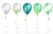 Set of 5 shiny realistic 3D teal helium balloons for your design. Glossy balloons with glitter and gold ribbon, perfect decoration
