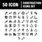 Set of 50 Construction web icons in line style. Building, engineer, business, road, builder, industry