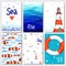 Set of 6 cute cards templates with marine design.