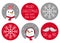 Set of 6 Cute Round Shape Christmas Vector Stickers. Santa Claus Moustache and Snowmans.