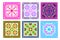 Set of 6 different square ornaments done in kaleidoscopic style. Beautiful background for pillow, table napkin, coverlet.