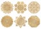 Set of 6 hand-drawn gold Arabic mandala on white background. Ethnic vector decorative ornament.