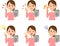 A set of 6 illustrations of facial expressions and gestures of a woman with a calculator