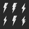 Set of 6 thunderbolts icons. Lightning icons isolated on black background. Vector illustration