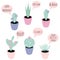 Set of 6 vector potted plants with phrases for bullet journal