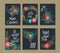 Set of 6 vertical winter holidays greeting cards with floral Christmas wreaths, bouquets and phrases.
