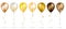 Set of 7 shiny gold realistic 3D helium balloons for your design. Glossy balloons with glitter and gold ribbon, perfect decoration