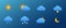 Set of 8 basic weather icons with gradient. Can be used for web, apps, stickers.