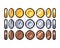 Set of 8-bit pixel graphics icons. Isolated vector illustration. Game art. Coins of gold, silver and bronze, for animation