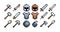 Set of 8-bit pixel graphics icons. Isolated vector illustration. Game art. Weapons, helmet, shield, sword, hammer