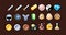 Set of 8-bit pixel graphics icons. Isolated vector illustration. Game art. Weapons, jewelry, potions, chests