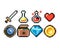 Set of 8-bit pixel graphics icons. Isolated vector illustration. Game art. Weapons, jewelry, potions, chests