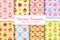 Set of 8 seamless vector patterns of desserts cupcakes, macaroons, profiteroles, meringues and tarts.