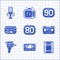 Set 80s Retro, VHS video cassette tape, Play Video, audio, cinema camera, Pager, 90s and Microphone icon. Vector