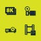 Set 8k Ultra HD, Play Video, Media projector and Cinema camera icon. Vector