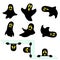 Set 9 Black Halloween Funny Ghosts. Isolated. EPS Vector.