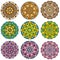 Set of 9 colorful round ornaments