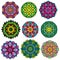 Set of 9 colorful round ornaments, kaleidoscope floral