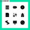 Set of 9 Commercial Solid Glyphs pack for chair lift, cable car, gastronomy, html, code
