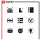 Set of 9 Commercial Solid Glyphs pack for server, share, css, hosting, spaceship