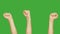 Set of 9 different hands raising up clenched fist on empty green background. Alpha channel, keyed green screen.