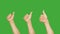 Set of 9 different hands showing thumb up on green chroma key background. Voting people hand showing gesture like