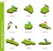 Set of 9 isometric map and flag, 3D vector isometric shape