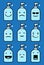 Set of 9 modern flat emoticons: cute cartoon hand sanitizer with different emotions