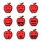 Set of 9 modern flat emoticons: cute cartoon red apple with different emotions