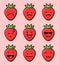 Set of 9 modern flat emoticons: cute cartoon strawberry with different emotions