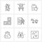 Set of 9 Modern Line Icons of business, attested document, medical, square, component