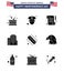 Set of 9 Modern Solid Glyphs pack on USA Independence Day animal; hotdog; paper; american; office