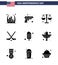 Set of 9 Modern Solid Glyphs pack on USA Independence Day ice cream; sport; weapon; ice sport; scale