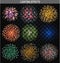 Set 9 realistic fireworks different shapes. Colorful festive, bright firework