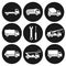 Set of 9 round black icons on types of industrial trucks. Collection of construction vehicles.