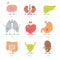 Set of 9 sick human organs in cartoon style: brain, kidneys, liver, lungs, heart, stomach, intestine, bladder and spleen.