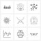 Set of 9 Simple Line Icons of cowboy, planet, programing, sun light, winter